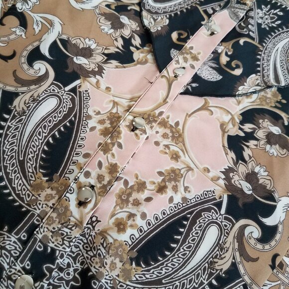 7th Avenue Paisley Blouse LARGE Black Brown Tan Pink Ruffle Button Front V Neck  - Picture 14 of 15